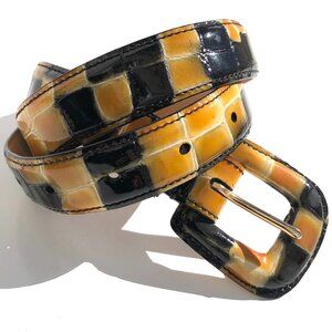 WCM New York leather belt size S black gold Italian Calfskin patent animal print